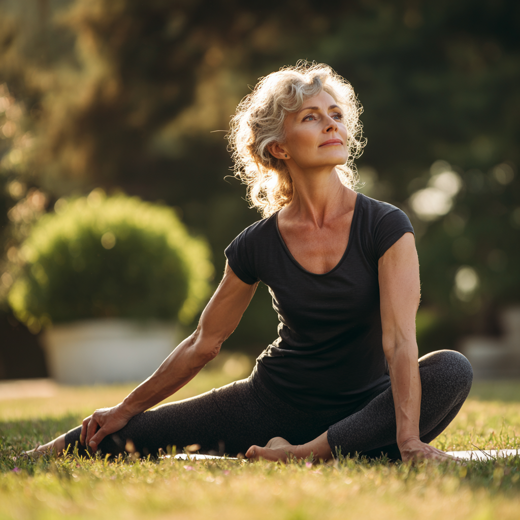 Mature woman performing yoga poses demonstrating flexibility and inner peace outdoors